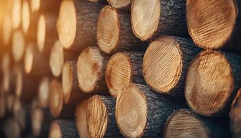 Sunlight illuminating stacked logs wood texture showcase forest setting closeup perspective photo