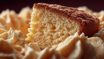 Warm lighting highlights fluffy sponge cake slice food photography cozy kitchen environment photo