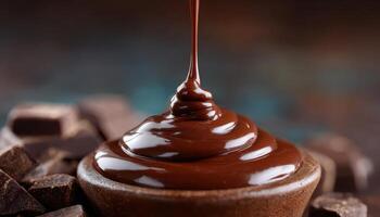 Melting chocolate drips on soft dessert surface closeup photography sweet indulgence photo
