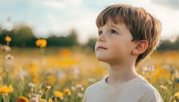 Little boy daydreaming in a wildflower meadow nature scene tranquil environment child's perspective photo