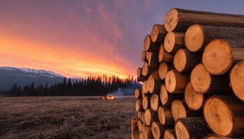 Campfire logs stacked under warm sunset glow forest setting nature photography photo