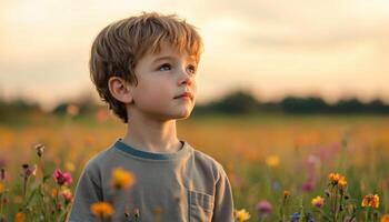 Peaceful boy in a field of spring flowers at golden hour nature photography tranquil scene photo