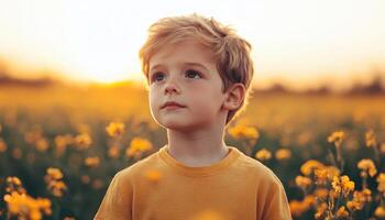 Peaceful boy in a field of spring flowers at golden hour nature photography serene environment photo