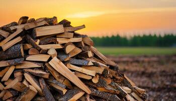 Rustic chopped wood pile in golden hour countryside nature photography peaceful environment photo