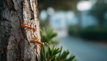 Ants collaborating on tree bark in morning light nature close-up peaceful environment photo