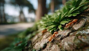 Ants collaborating on tree bark morning light nature scene peaceful environment close-up view photo
