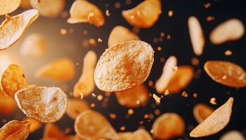 Sunlit potato chips falling in motion close-up artistic shot culinary delight studio environment photo