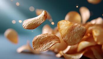 Artistic shot of glimmering potato chips in sunlight studio setting food photography photo