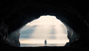 Silhouette of early human at cave entrance with light beams nature landscape dramatic view photo