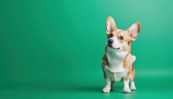 Inquisitive corgi puppy posing proudly on rich green background studio photography playful environment photo
