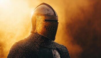 Medieval fighter in helmet sunlit battlefield portrait photography dramatic atmosphere side profile photo