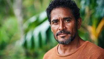 Indigenous man portrait surrounded by sunlit leaves nature closeup vibrant environment photo