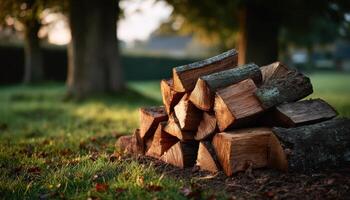 Rustic chopped wood pile in countryside at golden hour nature landscape tranquil viewpoint photo