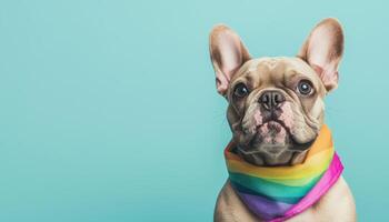 Adorable french bulldog in rainbow bandana indoor studio pet photography colorful background photo