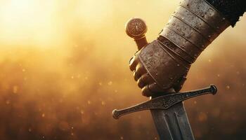Medieval warrior's gauntlet gripping sword closeup dramatic lighting action scene photo
