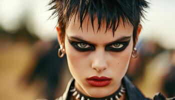 Teenage rocker with bold makeup and spiked hair urban setting portrait edgy vibe photo