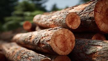 Morning sun illuminates pile of raw timber logs in nature setting photo
