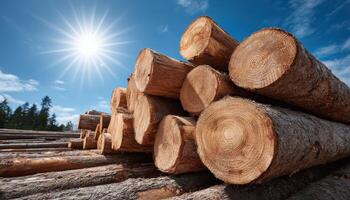 Stack of natural logs under bright blue sky nature landscape clear day view photo