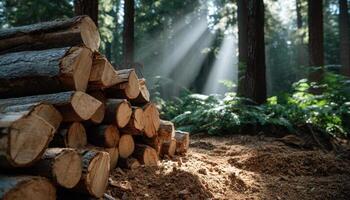 Sunlit stack of wood logs with sawdust in a serene forest environment photo