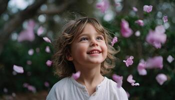Joyful child playing with petals in a lush garden bright light close-up view capturing happiness photo