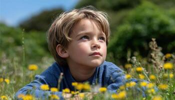 Little boy daydreaming in a wildflower meadow nature photography peaceful environment photo
