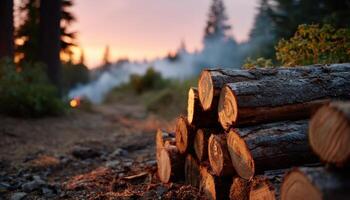 Campfire glow with stacked logs sunset camping scene nature's warmth serene atmosphere photo