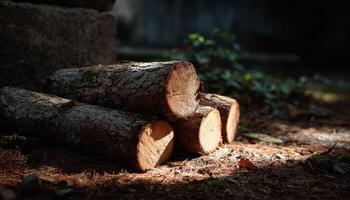 Sunlit raw logs with strong contrast forest clearing nature photography outdoor close-up perspective photo