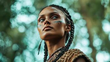 Prehistoric woman with braided hair and painted face posing in nature outdoor portrait photo