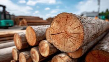 Sunlit raw timber logs stacked neatly at lumber yard industry daytime natural light photo