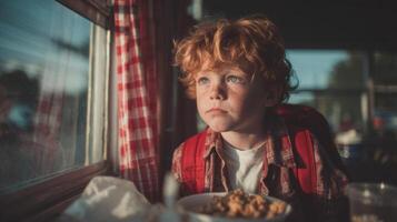 Pensive Redhaired Boy Gazing Through Train Window photo