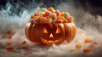 Smiling Jack-o'-Lantern Filled with Colorful Gummy Candies in Smoky Setting photo