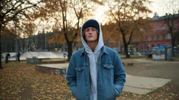 Young Man in Denim Jacket and Hoodie in Autumn Park photo