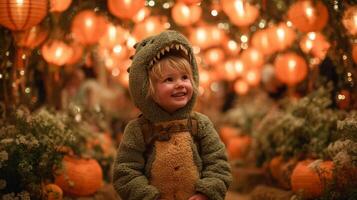 Smiling Toddler in Dinosaur Costume Amidst Glowing Lanterns photo