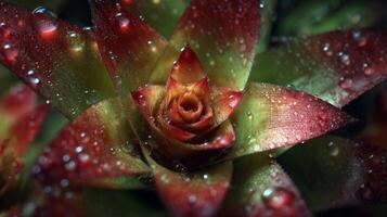 Closeup of Red and Green Bromeliad with Water Drops photo