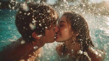 Young Couple Kissing in a Pool with Splashing Water photo
