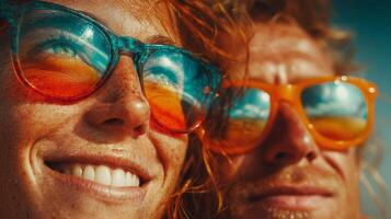 Smiling Couple Wearing Colorful Sunglasses on a Sunny Beach photo