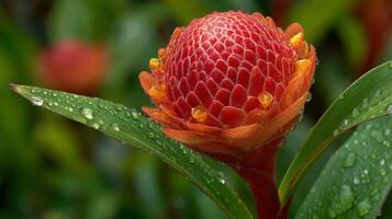 Red and Orange Tropical Flower with Dew Drops photo