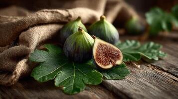 Ripe Figs on Rustic Wooden Table with Burlap Cloth photo
