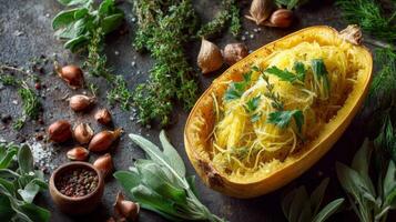 Spaghetti Squash with Herbs and Garlic on Dark Background photo