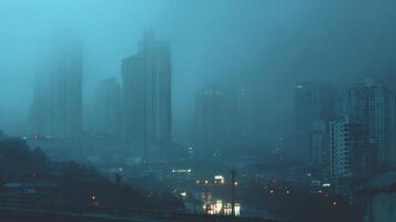 Moody Teal Cityscape Under a Dense Fog at Night photo