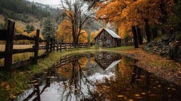 Autumn Landscape with Rustic Barn and Golden Leaves photo