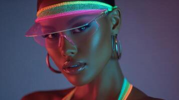 Closeup Portrait of a Woman with Neon Visor and Earrings photo