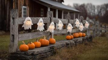 Glowing Ghosts and Pumpkins Decorate Rustic Fence photo