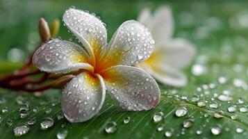 White Plumeria Flowers with Dew Drops on Green Leaf photo