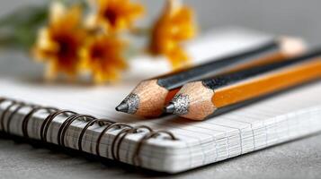 Close-up of Two Sharpened Pencils on a Notepad with Orange Flowers photo