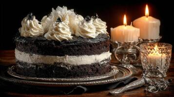 Dark Chocolate Layer Cake with White Cream and Candles photo