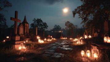 Moonlit Cemetery Path with Burning Candles photo