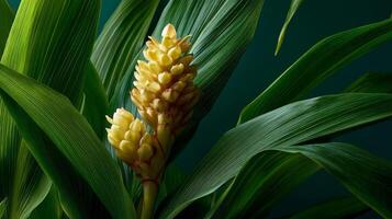 Closeup of Yellow Flower with Green Textured Leaves photo