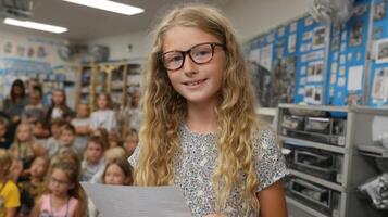 Smiling Girl Reading Paper in School Classroom photo