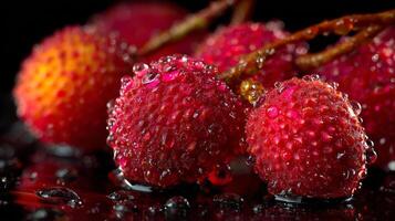 Closeup of Red Lychees with Water Droplets on Dark Background photo